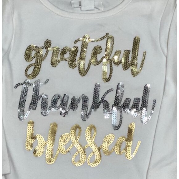 Mud Pie sequin Thanksgiving fall shirt Grateful Thankful blessed 12-18m white go - Picture 2 of 2